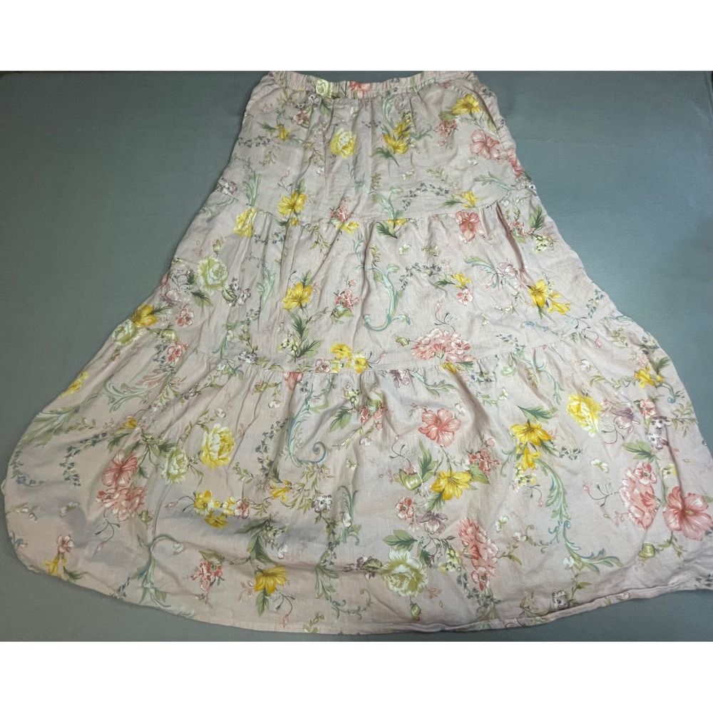 Floral Linen Blend Tiered Midi Skirt Pink Yellow Cottagecore Boho Pocketed